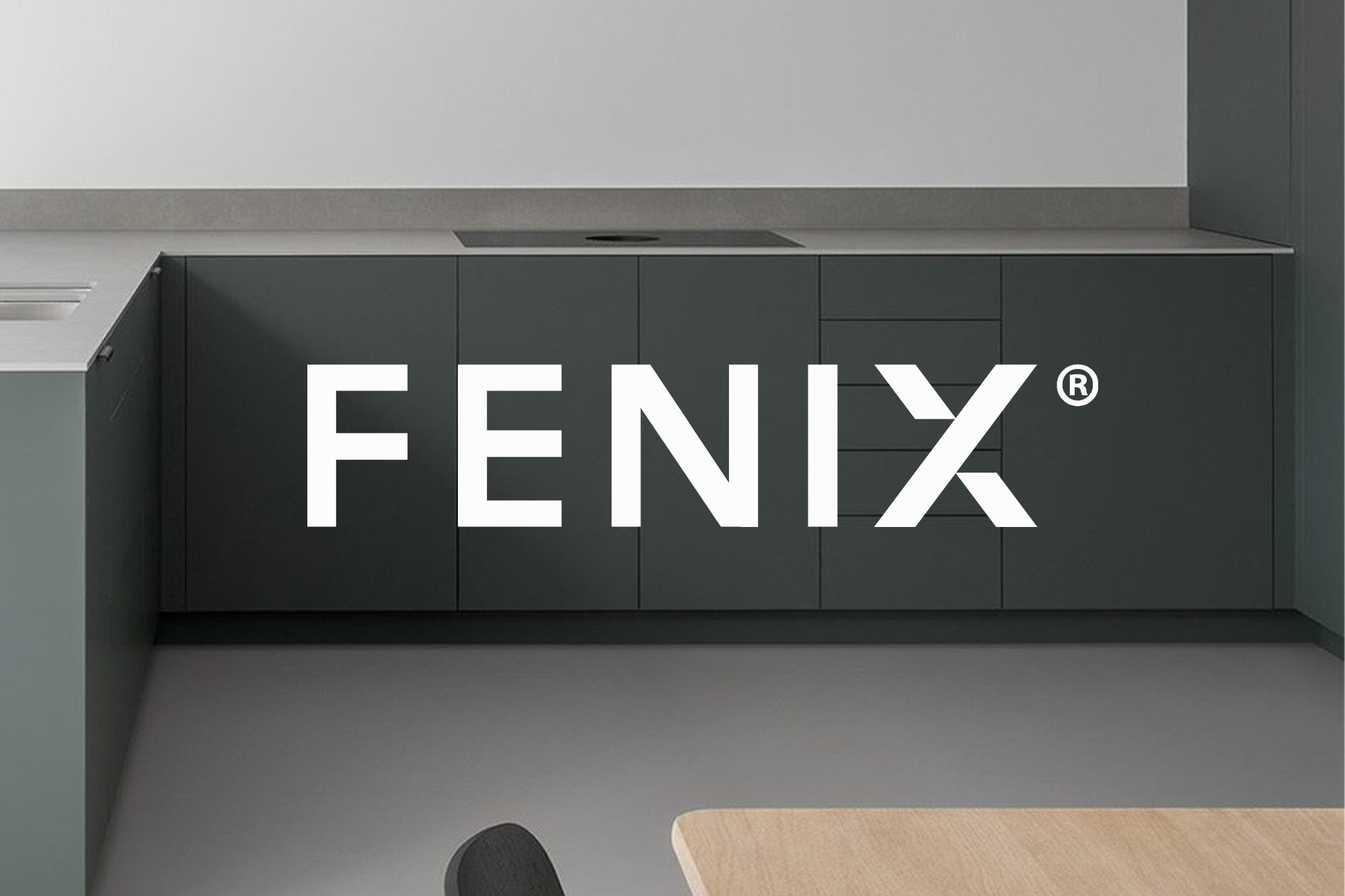 The FENIX® Innovative Materials Logo over an image of HUSK's Project K Kitchen.