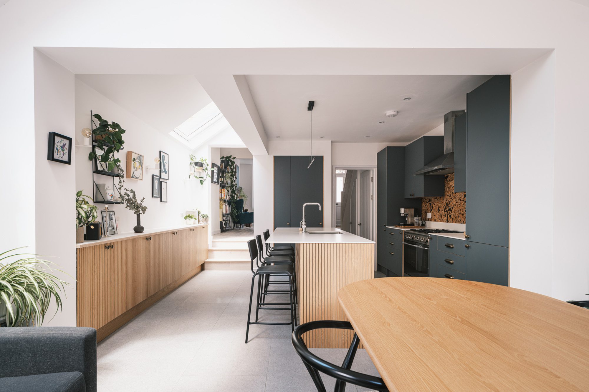 Husk's Tooting Broadway Kitchen, featuring FENIX® Verdo Comodoro and Oak V-Groove Fronts.