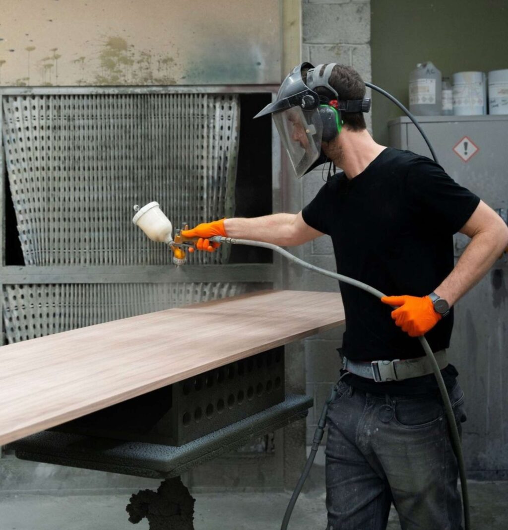 HUSK kitchen maker spraying timber veneer panels in the spray booth
