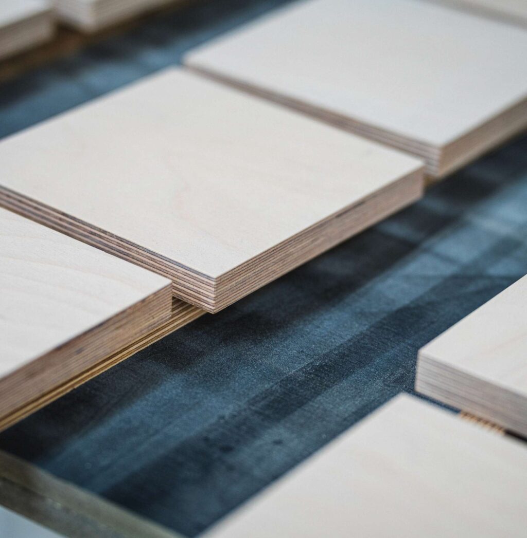 Timber veneer material samples with exposed ply edge