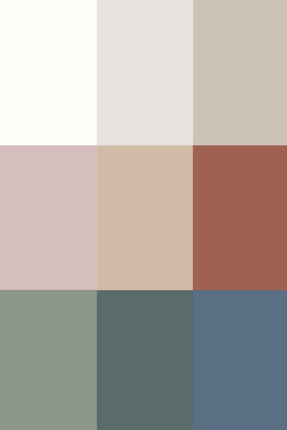 A selection of 9 north-facing kitchen cabinet colours: muted and mid-saturation colours with warm undertones.