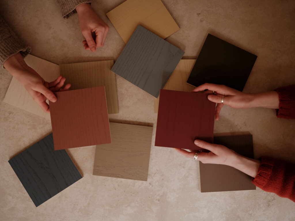 Collection of painted crown ash timber veneer samples in a range of curated shades from the HUSK x Ro Projects collection