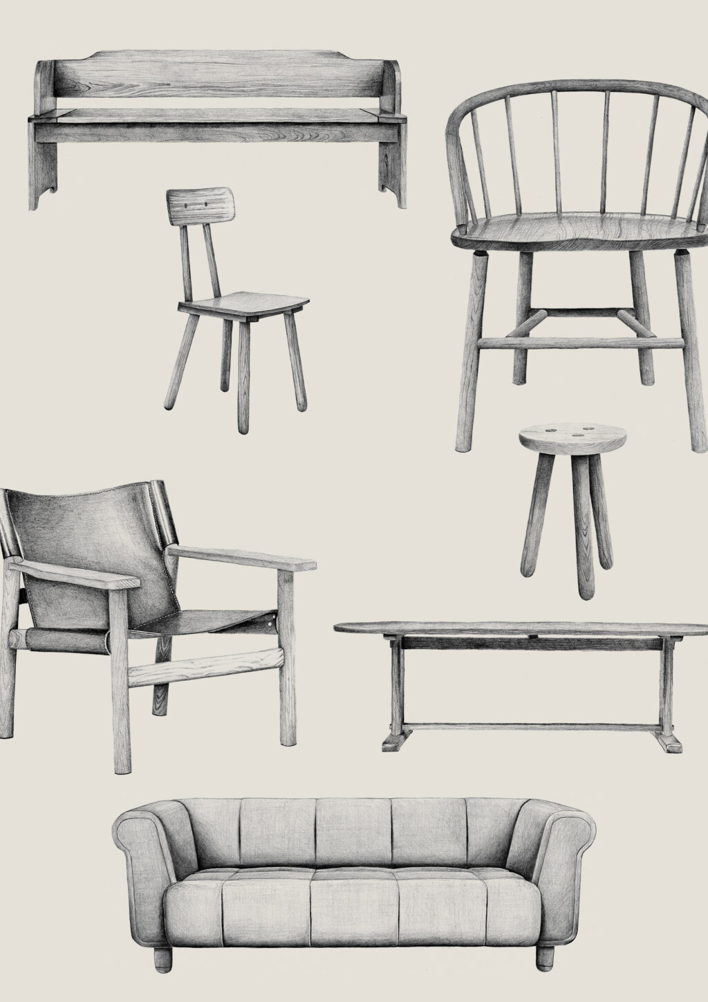 Collection of hand-drawn furniture designs by Another Country, featuring a wooden bench, spindle-back chair, small dining chair, three-legged stool, leather sling armchair, long timber bench, and upholstered sofa. The detailed pencil-style illustrations highlight natural wood grain, soft curves, and minimalist craftsmanship against a neutral background.