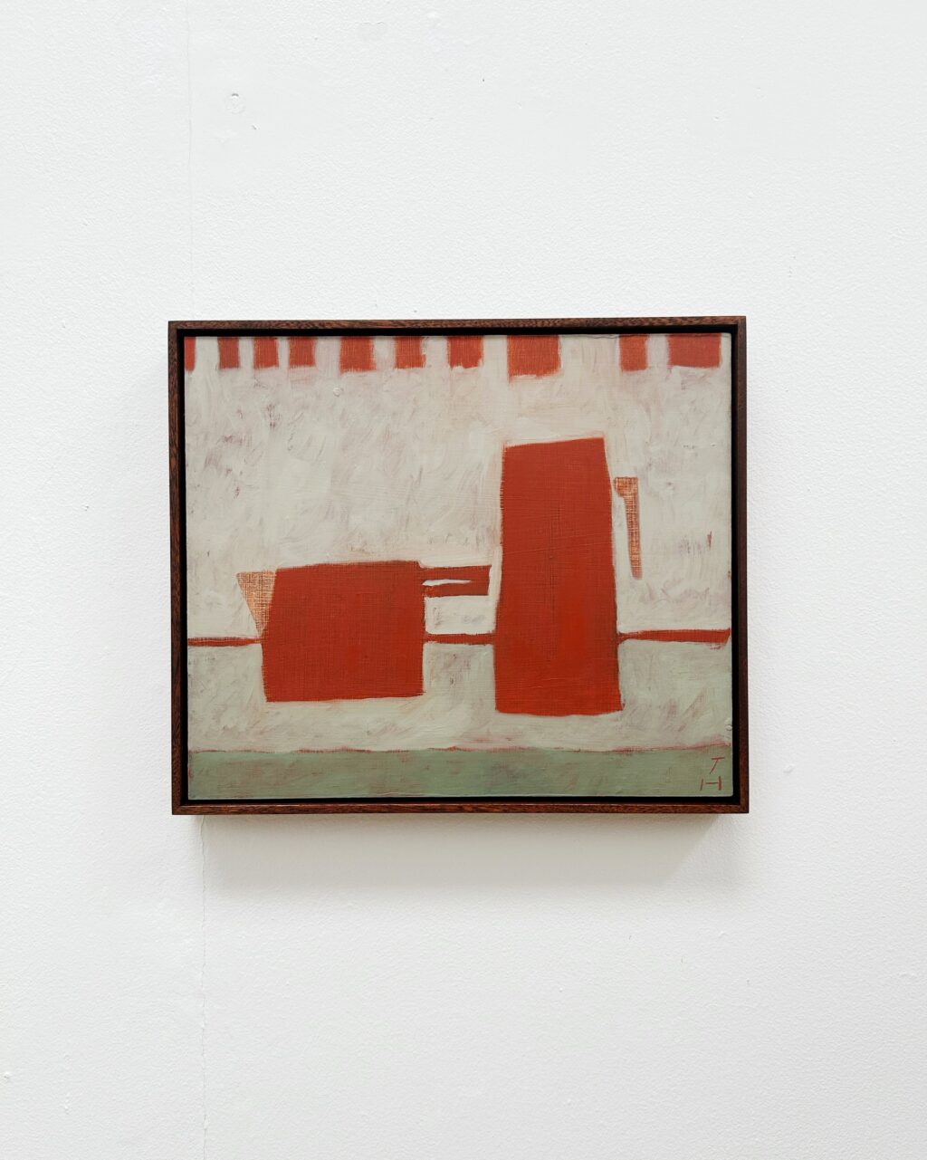 Framed abstract still-life painting by Jay Harper in warm red, cream and muted green tones.